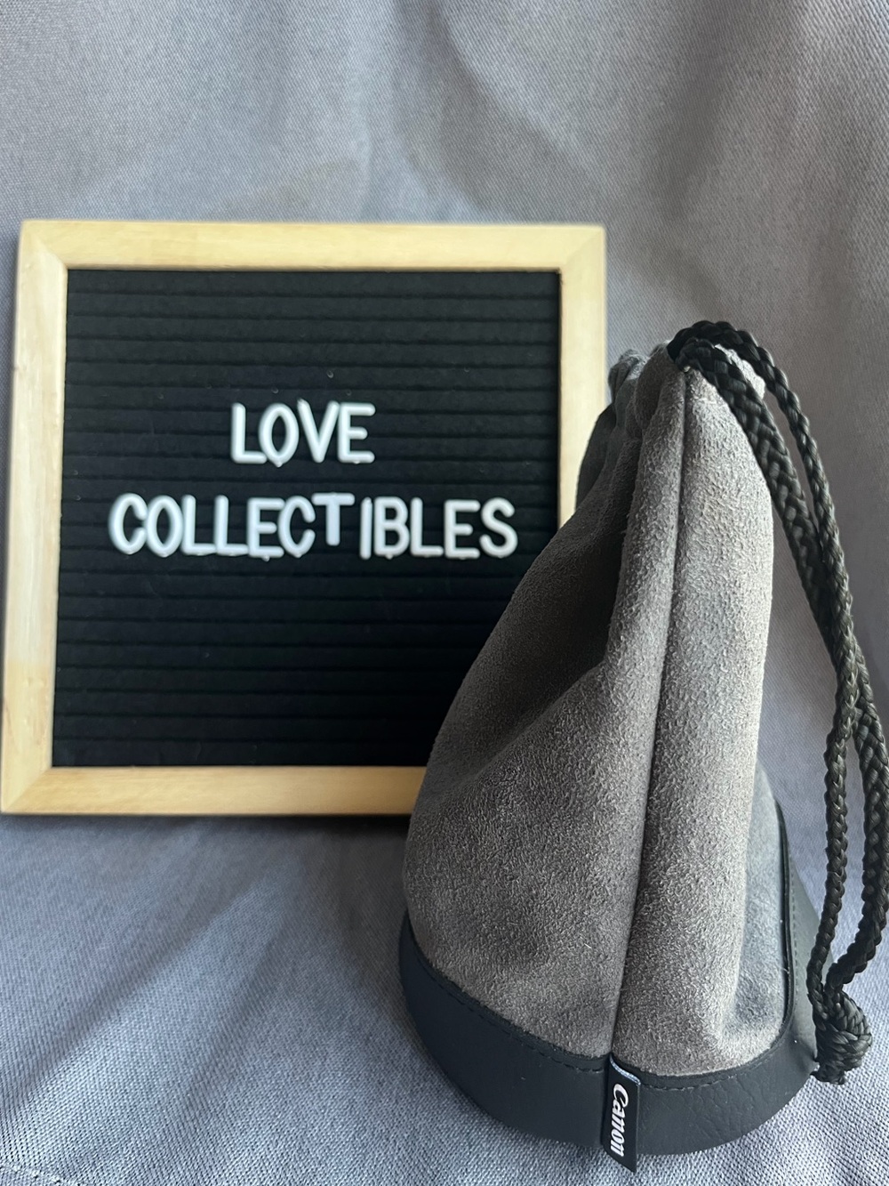 Canon Gray Suede Drawstring Lens Pouch with Black Trim